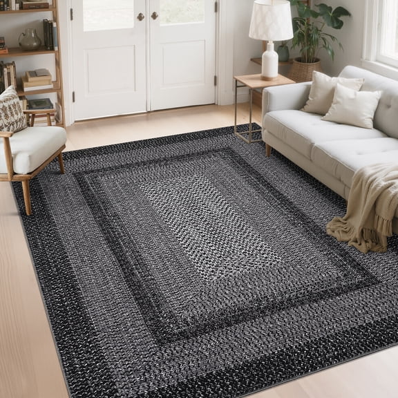 HOMERRY Washable Large Rug for Living Room 9' x 12' Braided Print Modern Bordered Soft Non-Slip Indoor Carpet, Dark Gray
