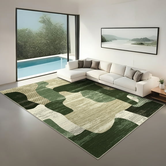 Hasoo Washable Living Room Area Rug 10x13 Large Modern Abstract Non-Slip Soft Low Pile Indoor Green Carpet