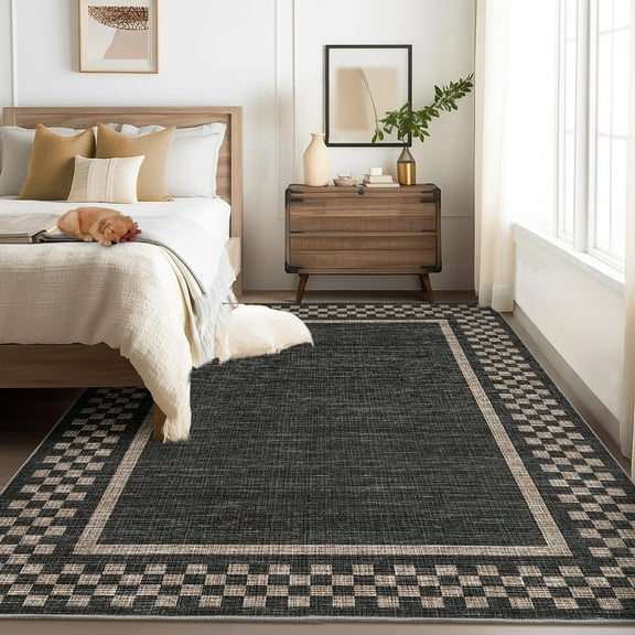 Hasoo Washable Living Room Area Rug 10x13 Large Modern Checkered Bordered Soft Non Slip Indoor Black Carpet