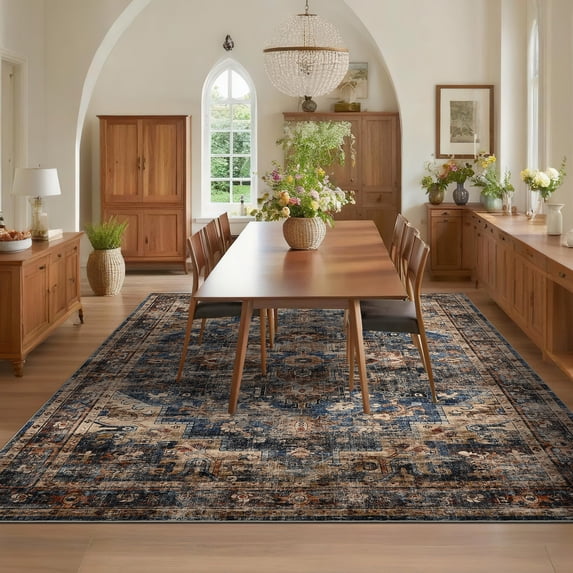 Hasoo Washable Living Room Area Rug 10x13 Large Modern Floral Non-Slip Soft Non Slip Indoor Blue/Brown Carpet