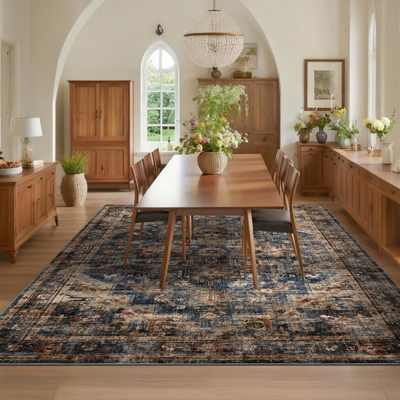 Hasoo Washable Living Room Area Rug 10x13 Large Modern Floral Non-Slip Soft Non Slip Indoor Blue/Brown Carpet