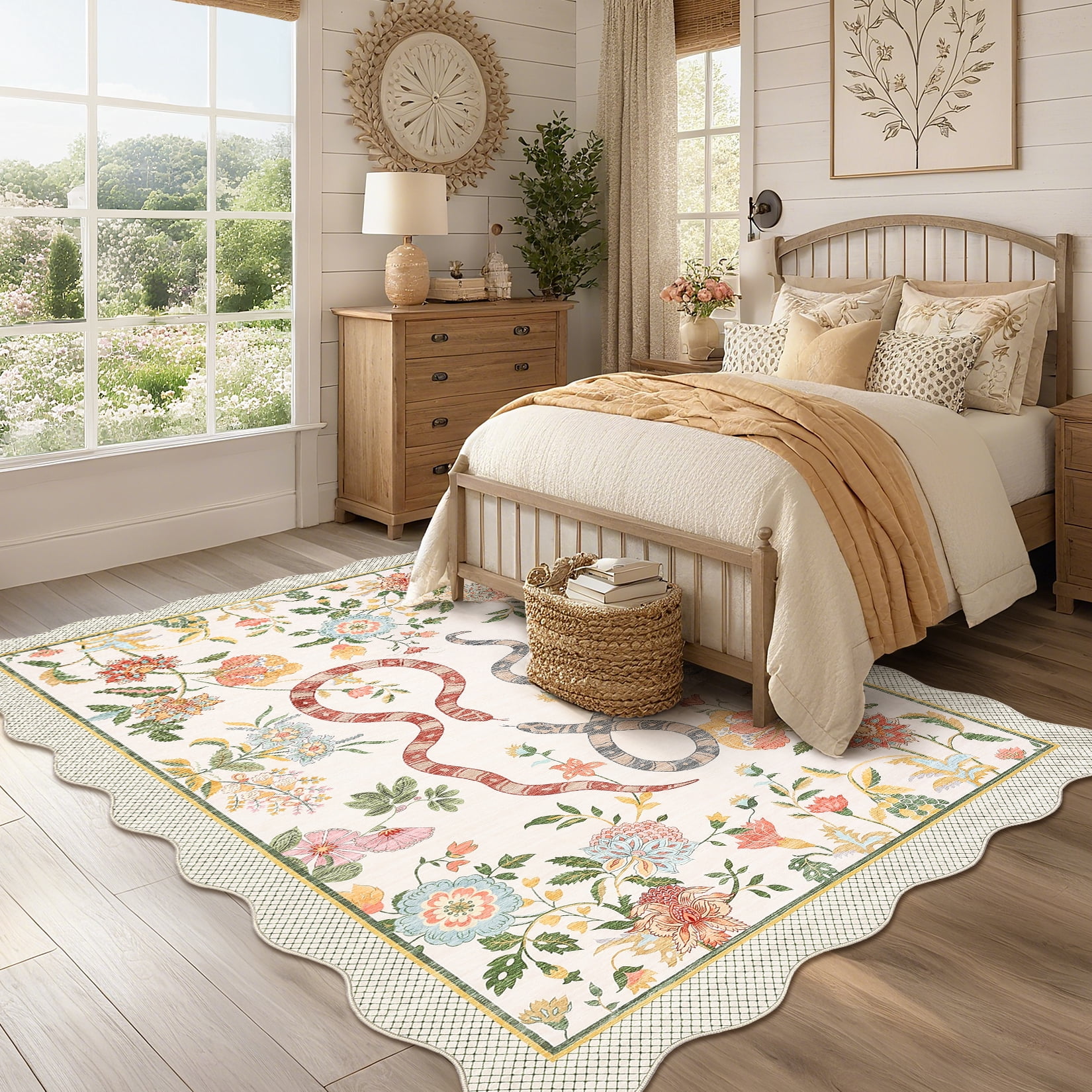 Hasoo Washable Living Room Area Rug 10x13 Large Modern Floral Snake Soft Non Slip Scalloped Indoor Beige Carpet
