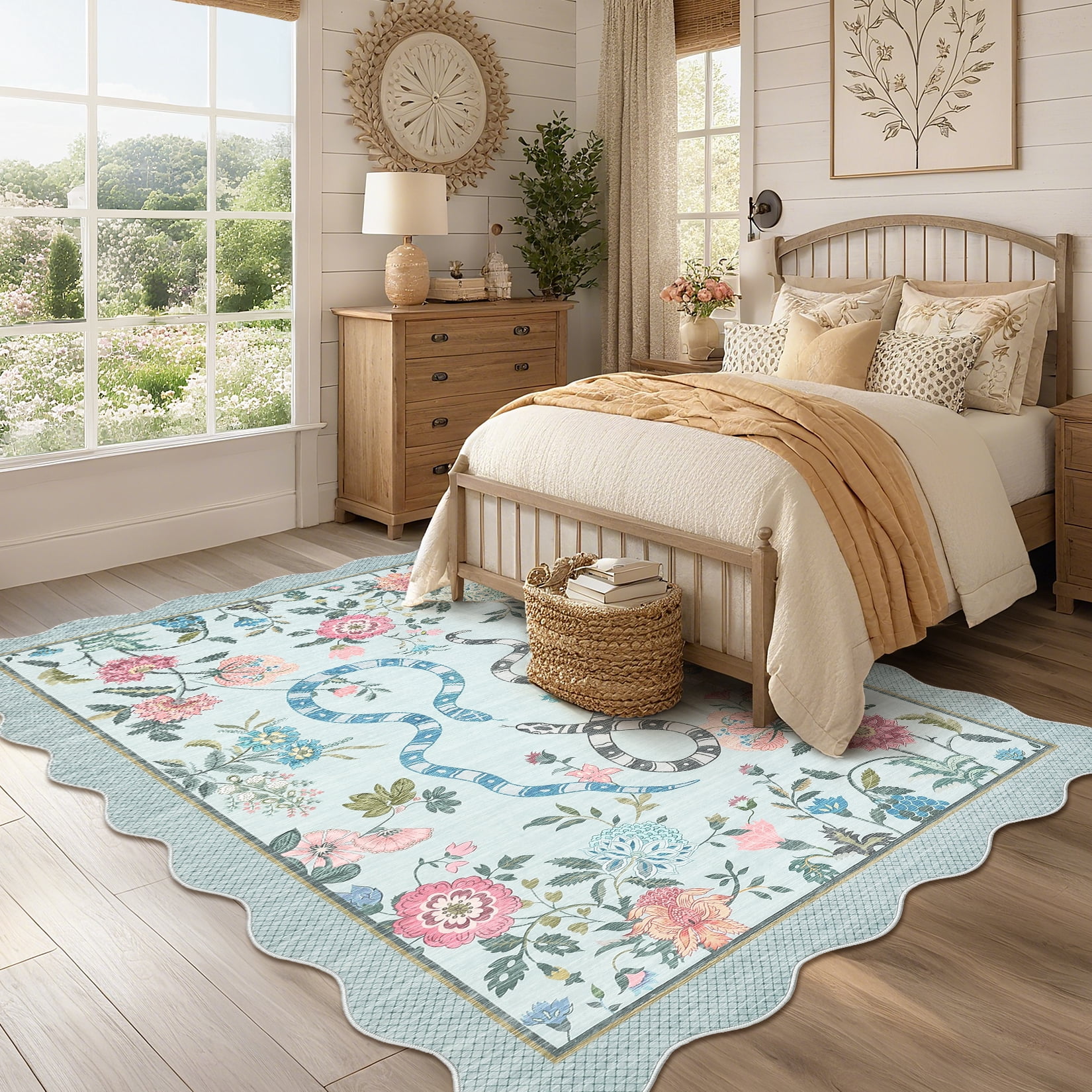 Hasoo Washable Living Room Area Rug 10x13 Large Modern Floral Snake Soft Non Slip Scalloped Indoor Blue Carpet