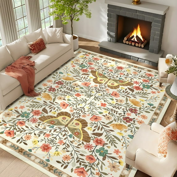 Hasoo Washable Living Room Area Rug 10x13 Large Modern Floral Soft Non Slip Indoor Beige Carpet