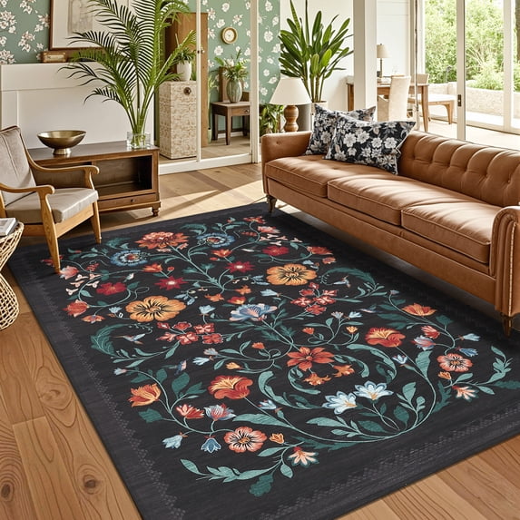 Hasoo Washable Living Room Area Rug 10x13 Large Modern Floral Soft Non Slip Indoor Black Carpet