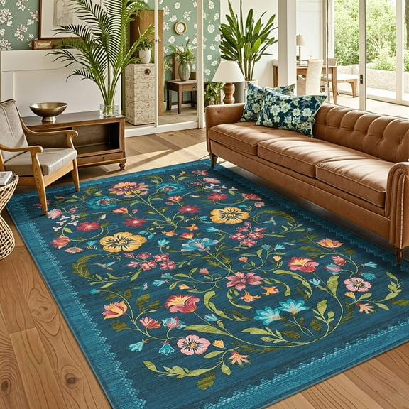 Hasoo Washable Living Room Area Rug 10x13 Large Modern Floral Soft Non Slip Indoor Blue Carpet