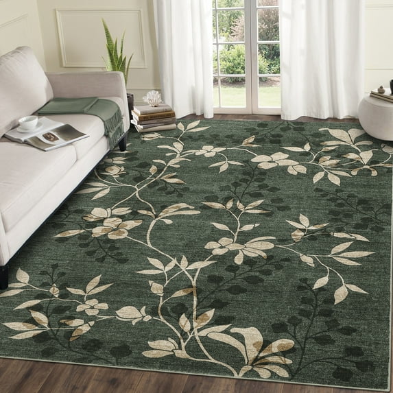 Hasoo Washable Living Room Area Rug 10x13 Large Modern Floral Soft Non Slip Indoor Green Carpet