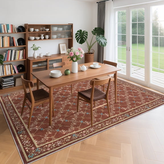 Hasoo Washable Living Room Area Rug 10x13 Large Modern Floral Soft Non Slip Indoor Red Carpet