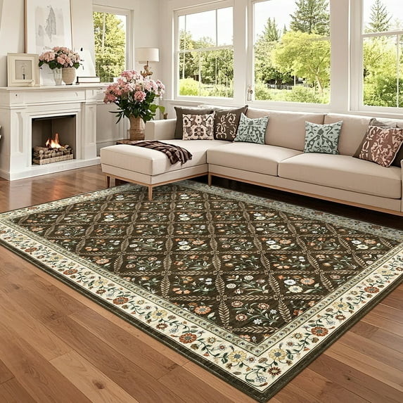 Hasoo Washable Living Room Area Rug 10x13 Large Modern Geometric Floral Soft Non Slip Indoor Brown Carpet