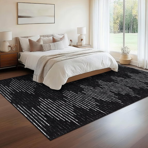 Hasoo Washable Living Room Area Rug 10x13 Large Modern Geometric Striped Soft Non Slip Indoor Black Carpet
