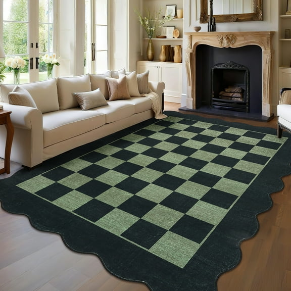 Hasoo Washable Living Room Area Rug 10x13 Large Modern Scalloped Checkered Soft Non Slip Indoor Black/Green Carpet