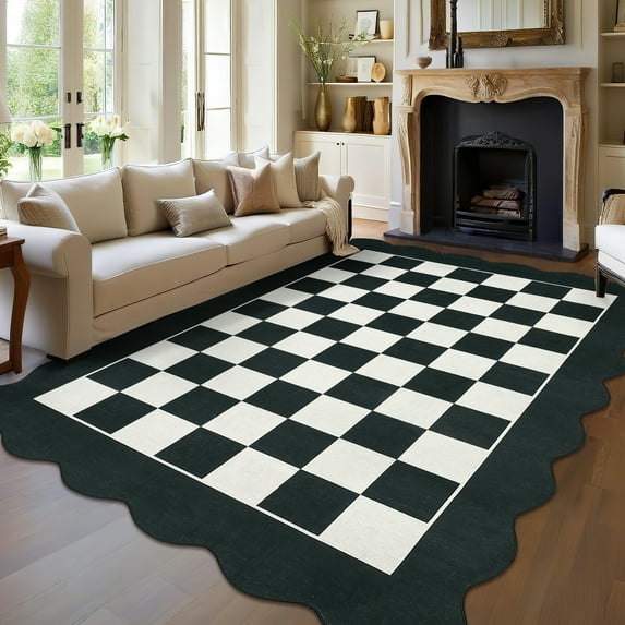 Hasoo Washable Living Room Area Rug 10x13 Large Modern Scalloped Checkered Soft Non Slip Indoor Black/White Carpet