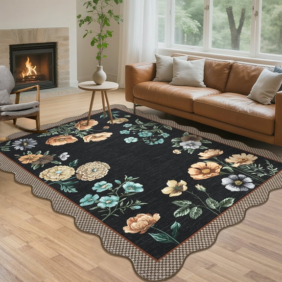 Hasoo Washable Living Room Area Rug 10x13 Large Modern Scalloped Floral Soft Non Slip Indoor Black Carpet