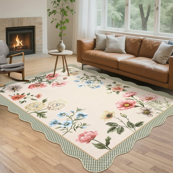 Hasoo Washable Living Room Area Rug 10x13 Large Modern Scalloped Floral Soft Non Slip Indoor Camel Carpet