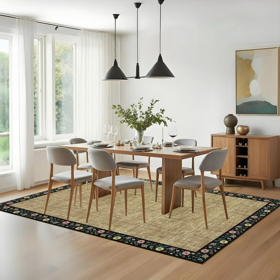 Hasoo Washable Living Room Area Rug 4x6 Modern Floral Border Soft Non Slip Indoor Yellow Carpet