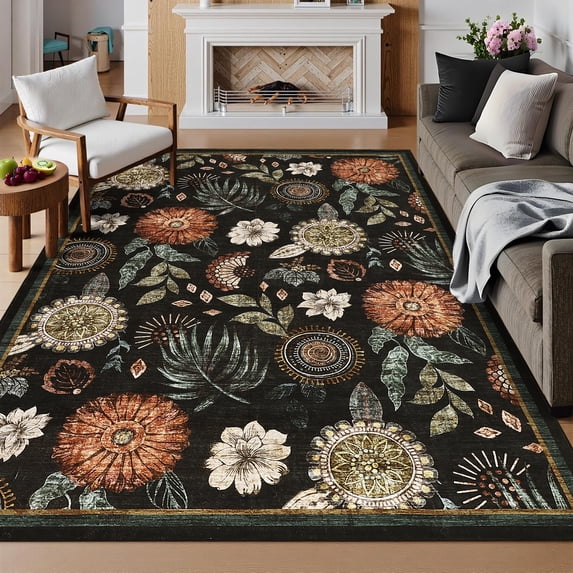 Hasoo Washable Living Room Area Rug 4x6 Modern Floral Soft Non Slip Indoor Black Carpet