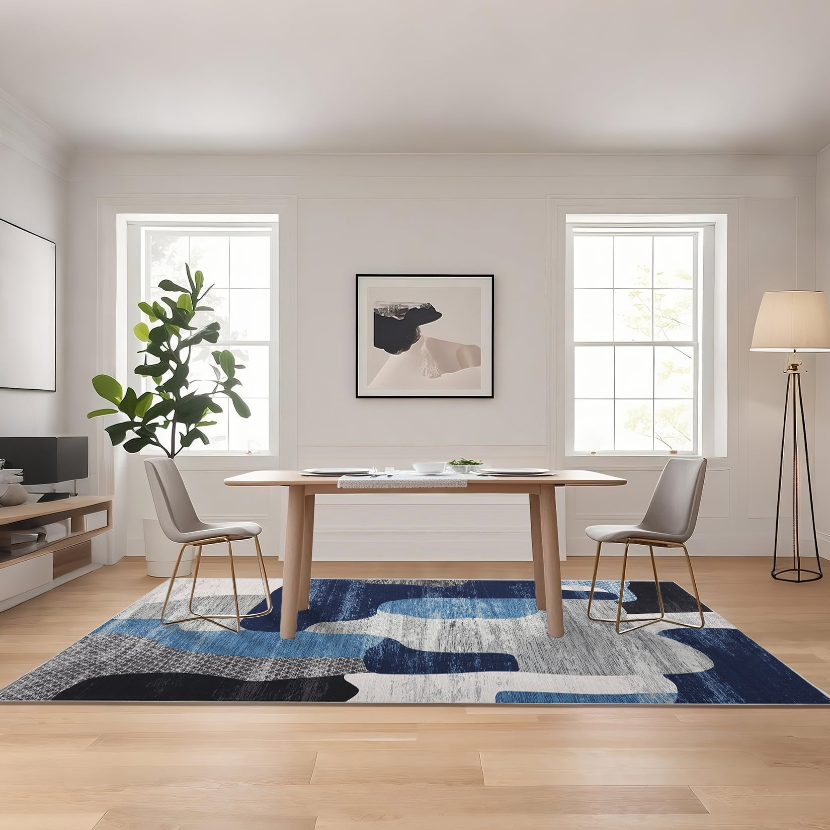 Hasoo Washable Living Room Area Rug 5x7 Large Modern Abstract Non-Slip Soft Low Pile Indoor Blue Carpet