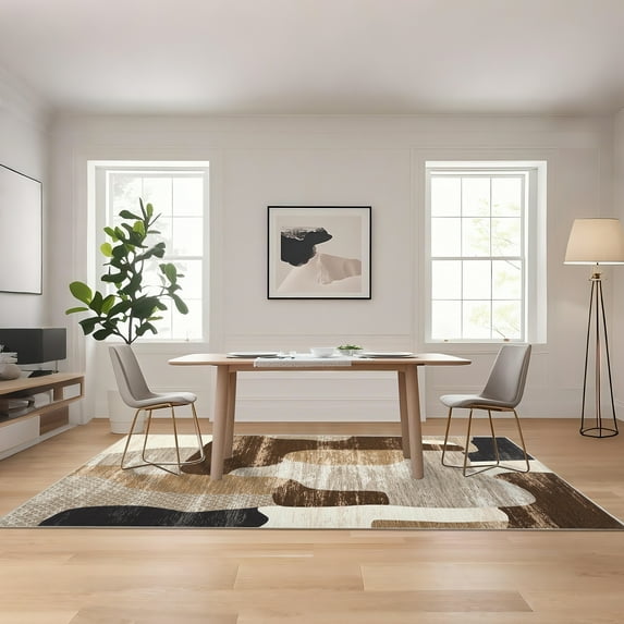 Hasoo Washable Living Room Area Rug 5x7 Large Modern Abstract Non-Slip Soft Low Pile Indoor Brown Carpet