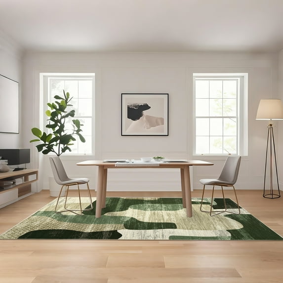 Hasoo Washable Living Room Area Rug 5x7 Large Modern Abstract Non-Slip Soft Low Pile Indoor Green Carpet
