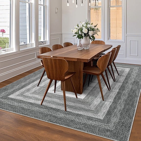Hasoo Washable Living Room Area Rug 5x7 Modern Braided Printed Neutral Non-Slip Soft Low Pile Indoor Gray Carpet