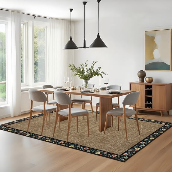 Hasoo Washable Living Room Area Rug 5x7 Modern Floral Border Non-Slip Soft Low Pile Indoor Brown Carpet