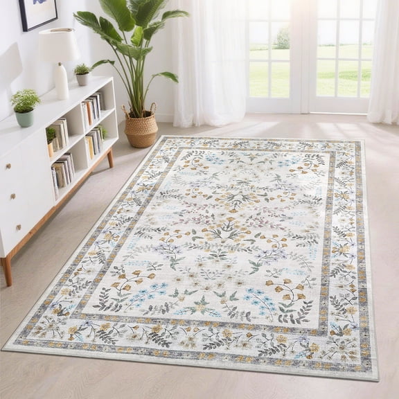 Hasoo Washable Living Room Area Rug 5x7 Modern Floral Non-Slip Soft Low Pile Indoor Beige Carpet