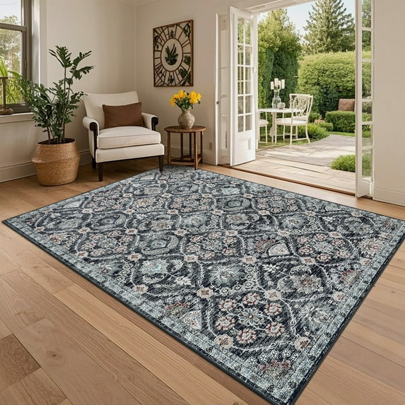 Hasoo Washable Living Room Area Rug 5x7 Modern Floral Non-Slip Soft Low Pile Indoor Black/Blue Carpet
