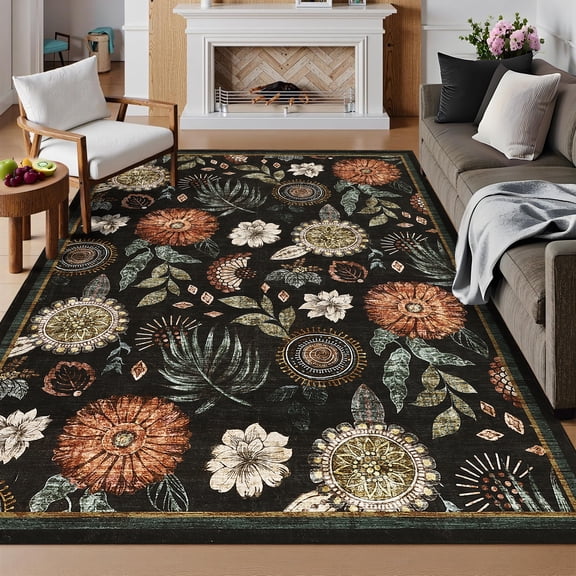 Hasoo Washable Living Room Area Rug 5x7 Modern Floral Non-Slip Soft Low Pile Indoor Black Carpet