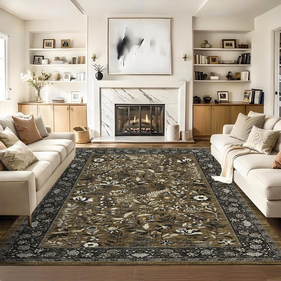 Hasoo Washable Living Room Area Rug 5x7 Modern Floral Non-Slip Soft Low Pile Indoor Brown Carpet