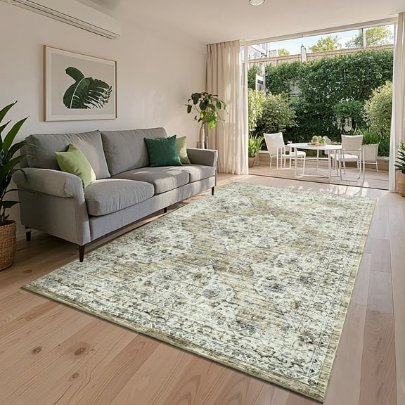 Hasoo Washable Living Room Area Rug 5x7 Modern Floral Non-Slip Soft Low Pile Indoor Brown/Yellow Carpet