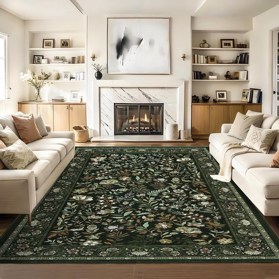 Hasoo Washable Living Room Area Rug 5x7 Modern Floral Non-Slip Soft Low Pile Indoor Dark Green Carpet