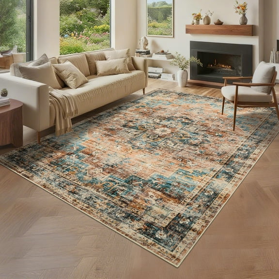Hasoo Washable Living Room Area Rug 5x7 Modern Floral Non-Slip Soft Low Pile Indoor Green/Brown Carpet