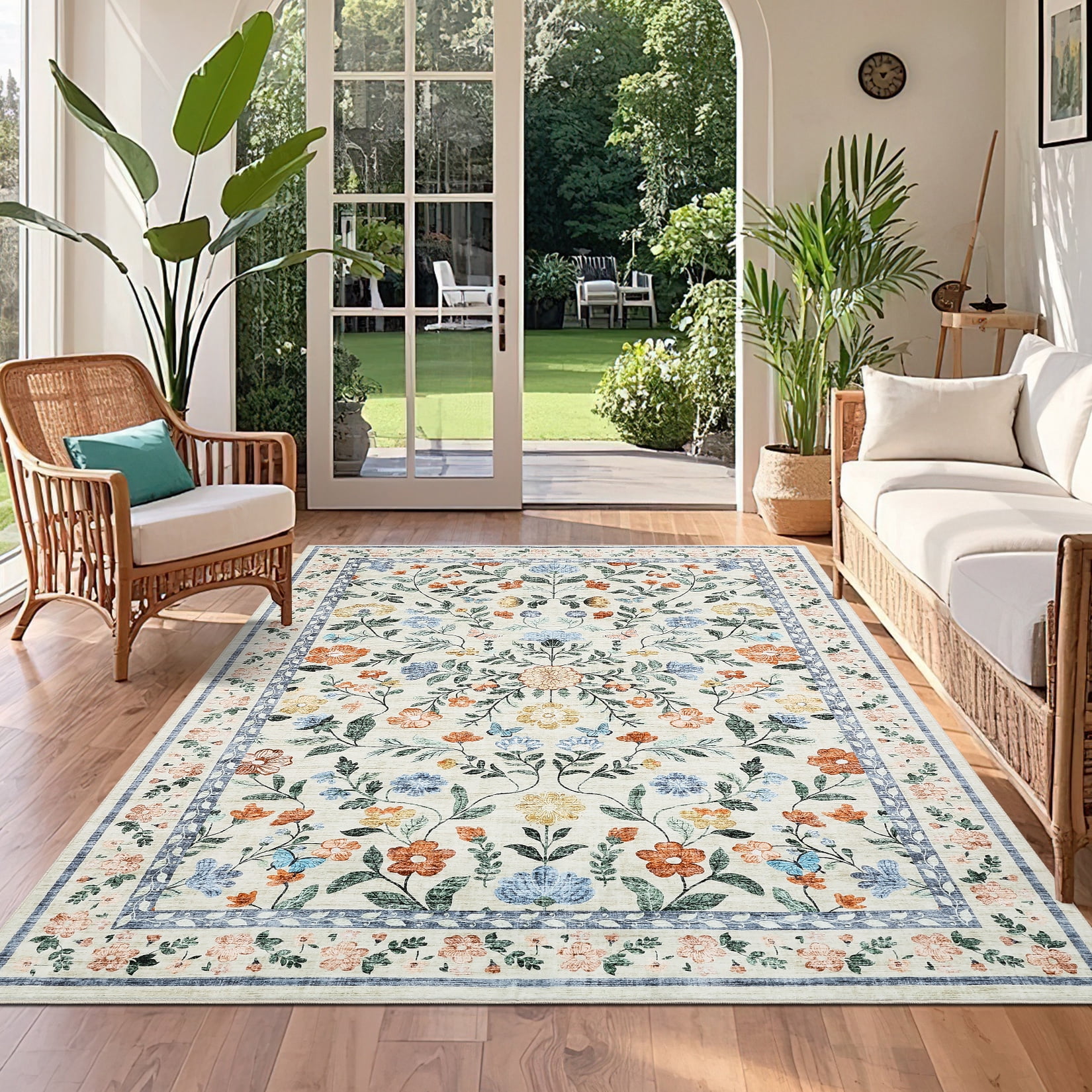 Hasoo Washable Living Room Area Rug 5x7 Modern Floral Non-Slip Soft Low Pile Indoor Green Carpet