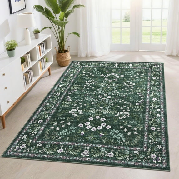 Hasoo Washable Living Room Area Rug 5x7 Modern Floral Non-Slip Soft Low Pile Indoor Green Carpet