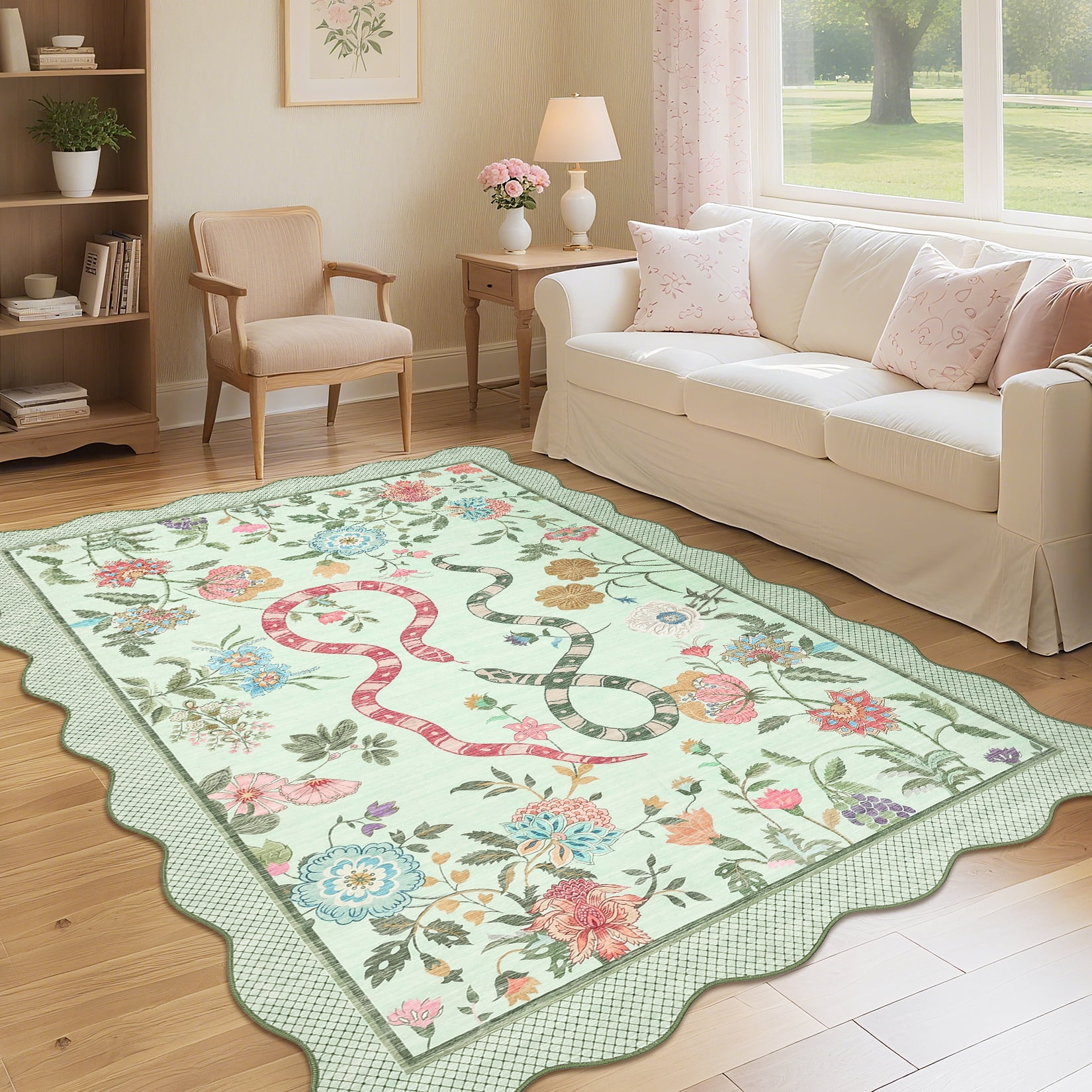 Hasoo Washable Living Room Area Rug 5x7 Modern Floral Snake Non-Slip Soft Low Pile Scalloped Indoor Green Carpet