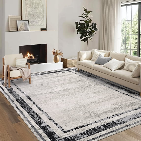 Hasoo Washable Living Room Area Rug 5x7 Modern Geometric Bordered Non-Slip Soft Low Pile Indoor Beige Carpet