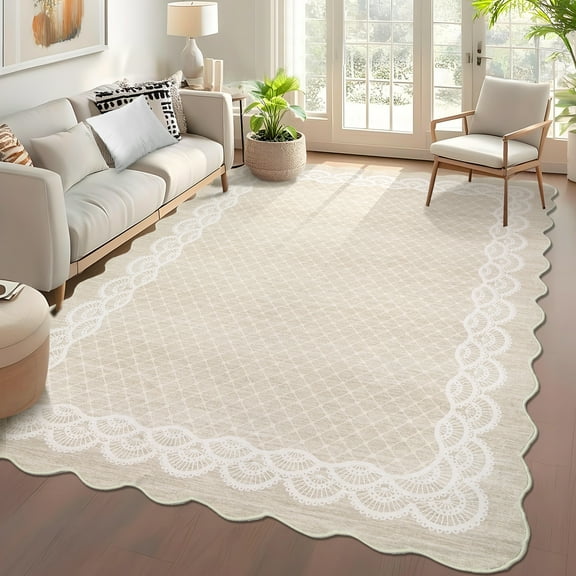 Hasoo Washable Living Room Area Rug 5x7 Modern Scalloped Border Non-Slip Soft Low Pile Indoor Beige Carpet