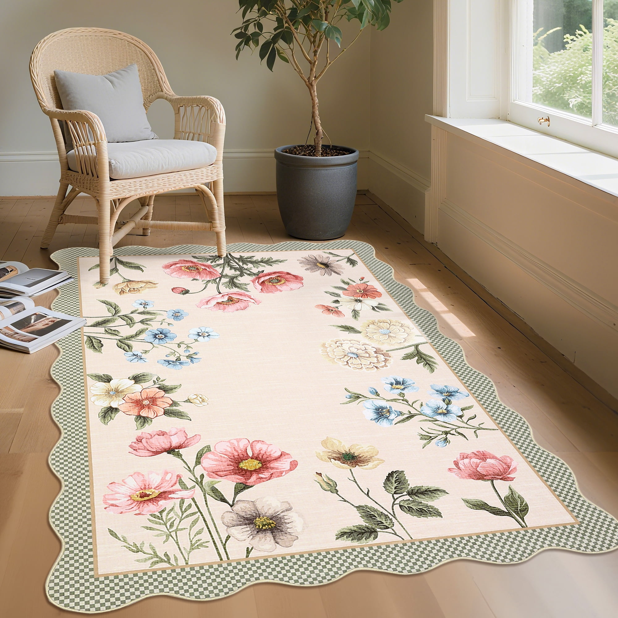 Hasoo Washable Living Room Area Rug 5x7 Modern Scalloped Floral Non-Slip Soft Low Pile Indoor Camel Carpet