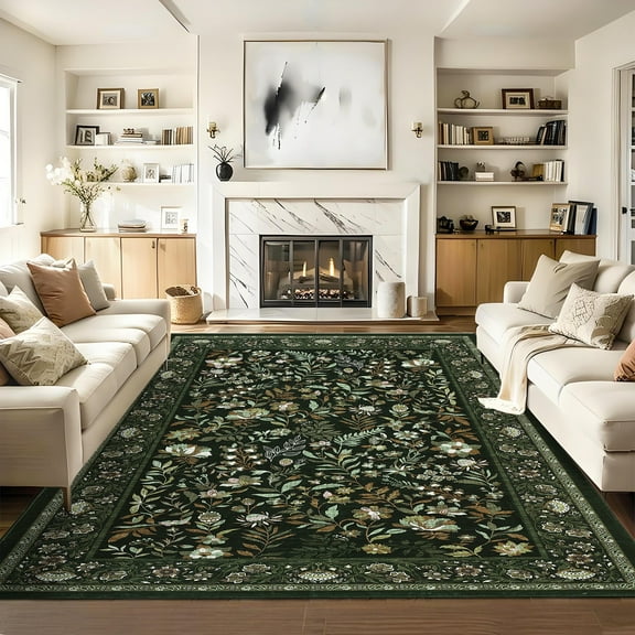 Hasoo Washable Living Room Area Rug 6x9 Modern Floral Non-Slip Soft Low Pile Indoor Dark Green Carpet