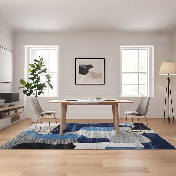 Hasoo Washable Living Room Area Rug 8x10 Large Modern Abstract Non-Slip Soft Low Pile Indoor Blue Carpet