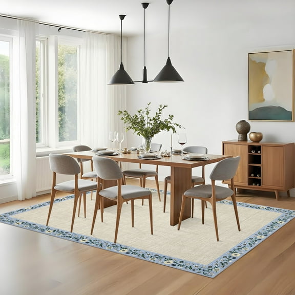 Hasoo Washable Living Room Area Rug 8x10 Large Modern Floral Border Soft Stain Resistant Indoor Beige Carpet