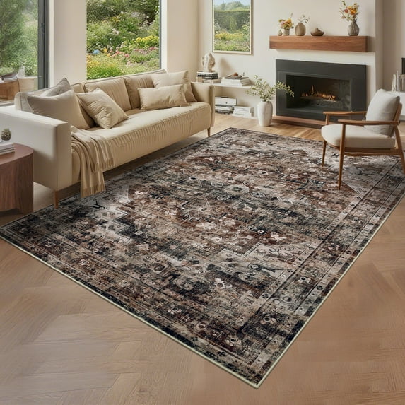 Hasoo Washable Living Room Area Rug 8x10 Large Modern Floral Non-Slip Soft Stain Resistant Indoor Brown Carpet