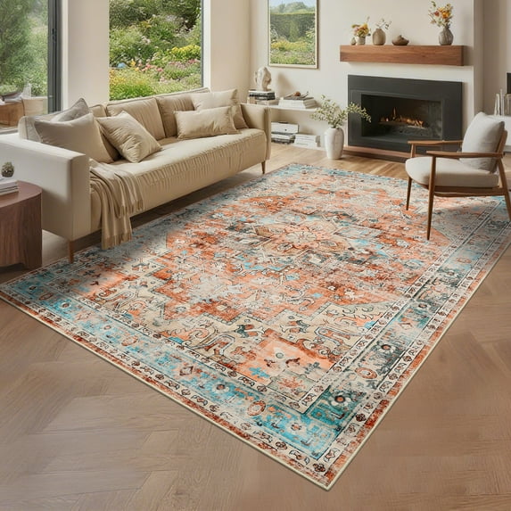 Hasoo Washable Living Room Area Rug 8x10 Large Modern Floral Soft Stain Resistant Indoor Orange Carpet