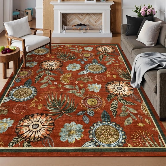 Hasoo Washable Living Room Area Rug 8x10 Large Modern Floral Soft Stain Resistant Indoor Red Carpet
