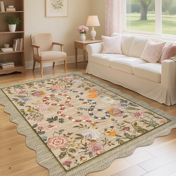Hasoo Washable Living Room Area Rug 8x10 Large Modern Floral Snake Soft Stain Resistant Scalloped Indoor Brown Carpet