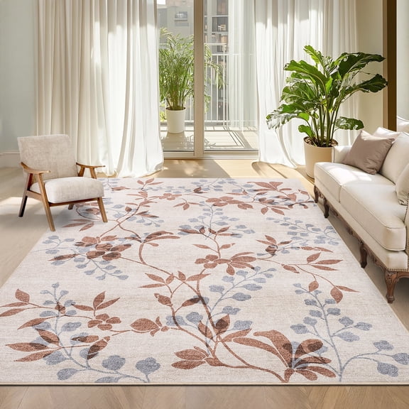 Hasoo Washable Living Room Area Rug 8x10 Large Modern Floral Soft Stain Resistant Indoor Beige Carpet
