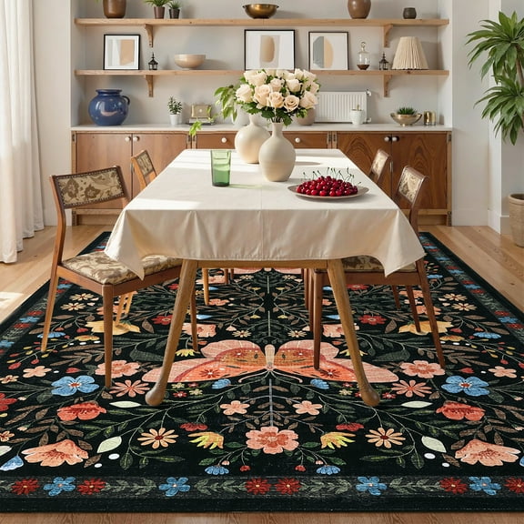 Hasoo Washable Living Room Area Rug 8x10 Large Modern Floral Soft Stain Resistant Indoor Black Carpet