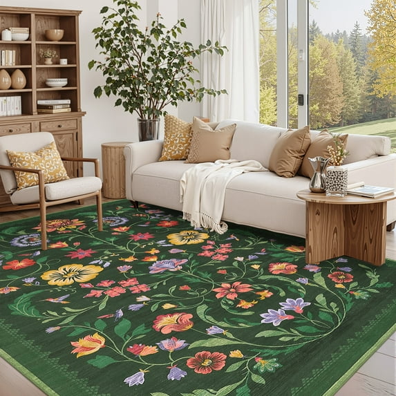Hasoo Washable Living Room Area Rug 8x10 Large Modern Floral Soft Stain Resistant Indoor Green Carpet