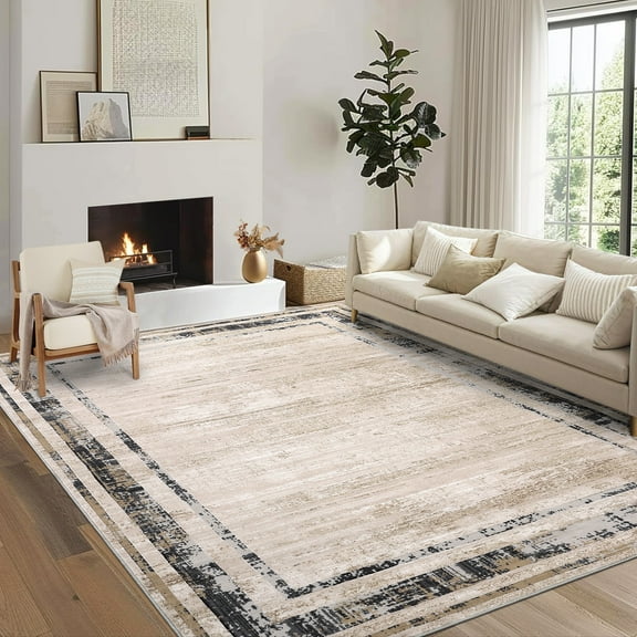 Hasoo Washable Living Room Area Rug 8x10 Large Modern Geometric Bordered Soft Stain Resistant Indoor Beige Carpet