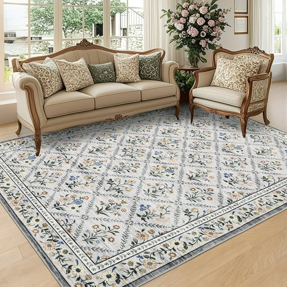 Hasoo Washable Living Room Area Rug 8x10 Large Modern Geometric Floral Soft Stain Resistant Indoor Gray Carpet